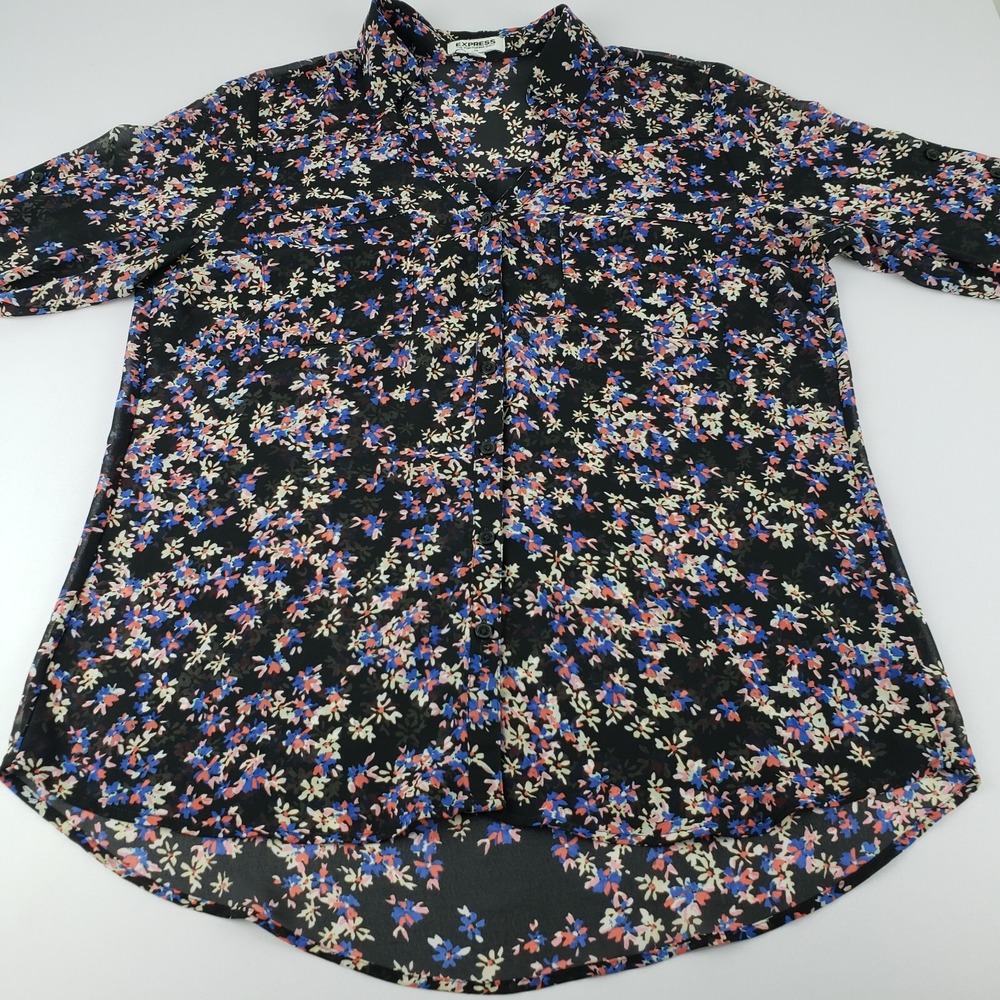 Express Portofino Blouse Shirt Women's Medium Black Floral Long Tab Sleeve - Picture 7 of 11